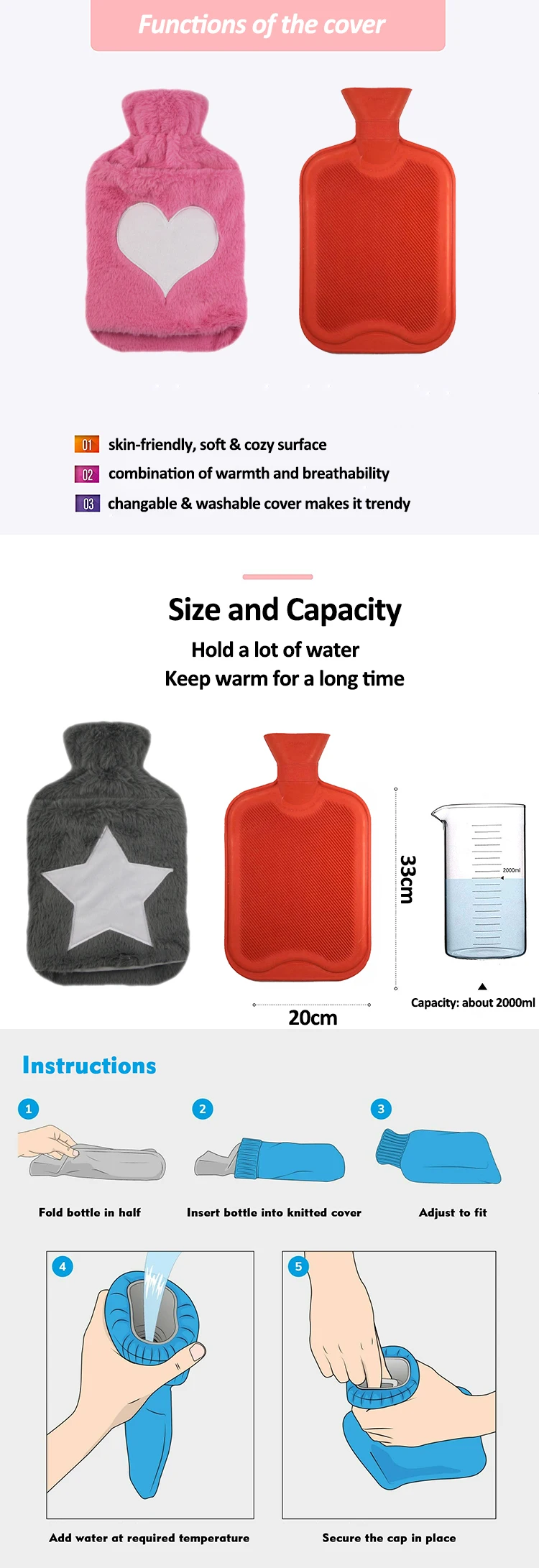 faux fur cover with pain relief 2000ml rubber hot water bottle custom logo water-filling hot-water bag
