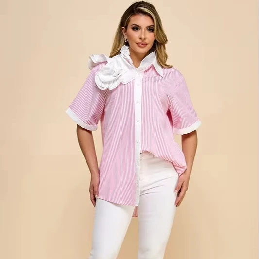 Ladies Striped Solid Color Fabric Casual Shirt - Image 1