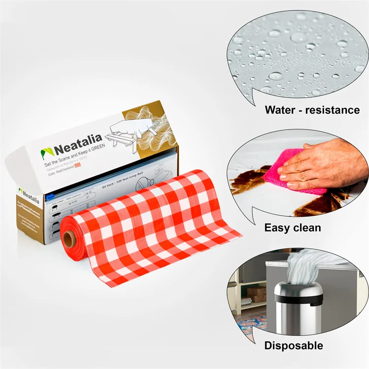 Custom Red Checkered Disposable Plastic Tablecloth Roll with Slide Cutter Plus 6 Metal Table Cover Clips for Any Size Shape