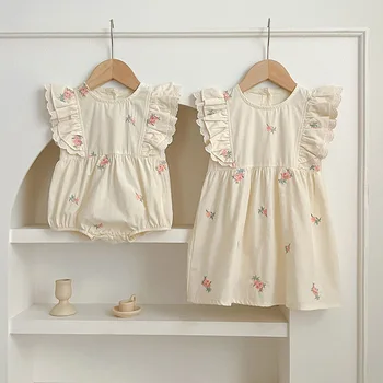 Summer Girl dress fashionable princess dress flower embroidered baby girl onesie rompers jumpsuit sisters outfit