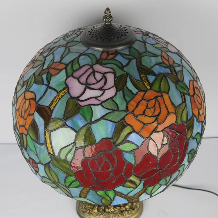 LongHuiJing 16Inch Large tiffany Table Lamp Rose Flower Stained Glass Lampshade With Deer Resin Base