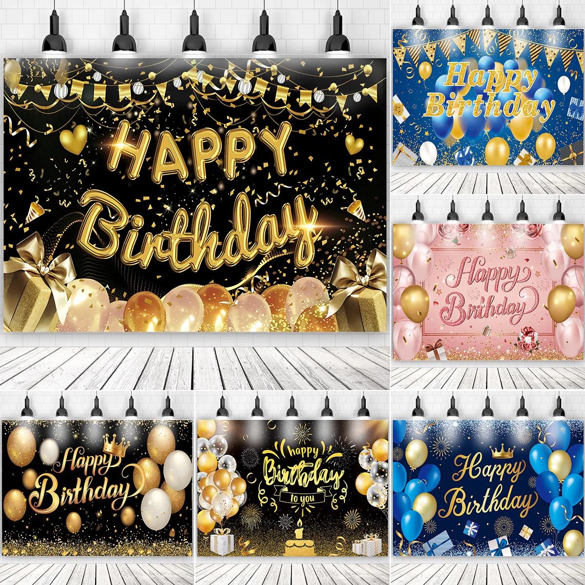 Happy Birthday Sfondo Fotografico In Tessuto – 177x114 Cm, Pannello Per Decorazioni Compleanno, Oro E Nero