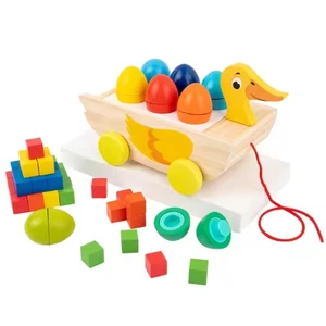 Best-selling Wooden Three-in-One Drag Car Duck Building Blocks Simulation Duck Egg Toys Early Educational for Kids Boys & Girls