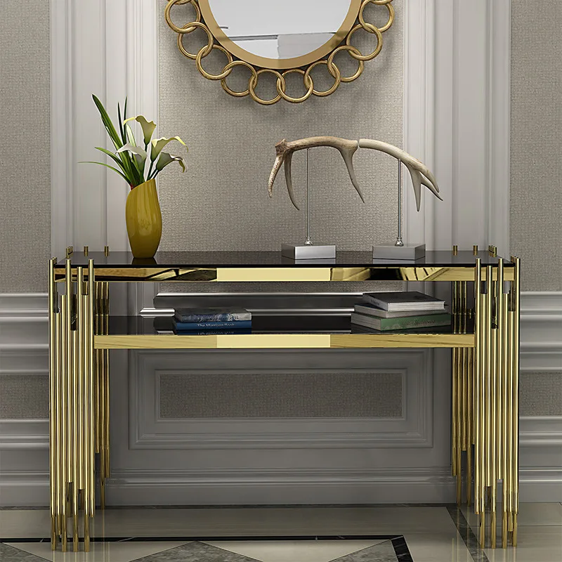 Home Furniture Living Room Rectangle Side Tables Gold Legs Marble Top Entryway Table Glass Console with Mirror