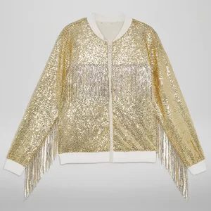 European American Girls' Casual Tassel Sequin Zipper Jacket Party Coat Halloween Costume Flip Concert Baseball Clothes for Kids