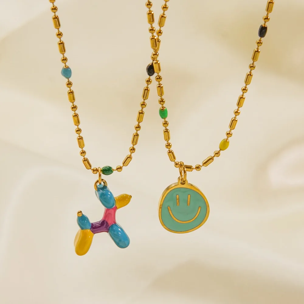 Sweet Colorful Enamel Smile Face and Cute Dog Pendant Necklace Waterproof Gold Plated Stainless Steel Necklace for Women Girls