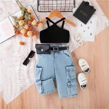 New Trendy Girls' 3-Piece Set for Spring Summer Cropped Camisole with Bows Pattern Denim Pants Adjustable Fanny Pack Custom Logo