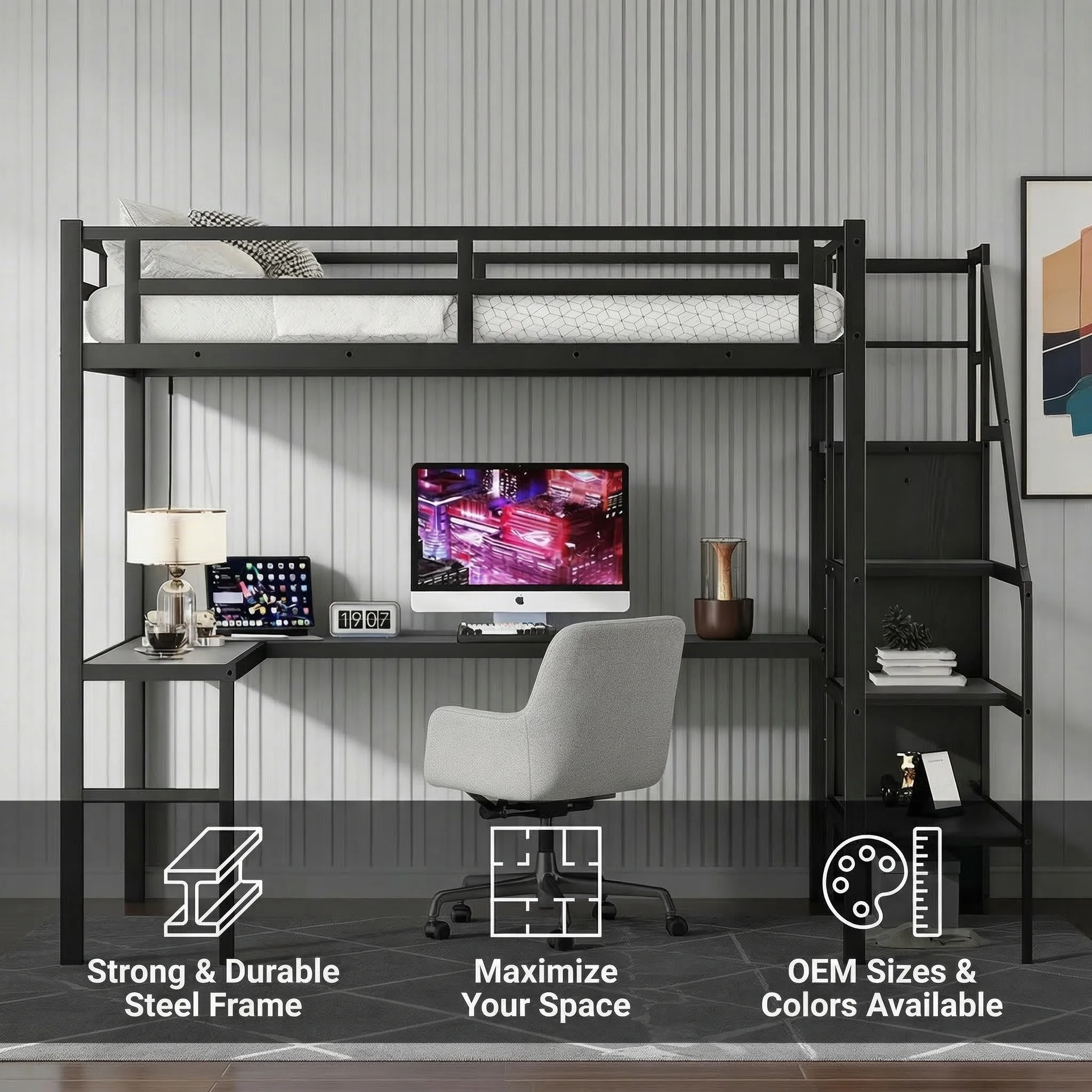 Metal Loft Bed for Dormitory Apartment Heavy Duty Bunk Bed with Desk Durable  with Storage Stairs for All Ages