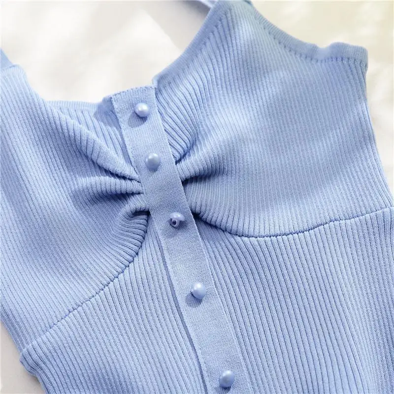 2021 Korean Version of Nice temperament vest knitted sweater is sexy girl style with middle row and button straps