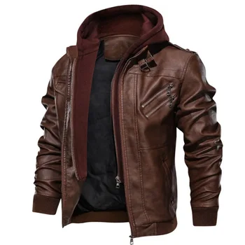 Leather Men's Double Zip Hooded Biker Leather Jacket Detachable Coat ...