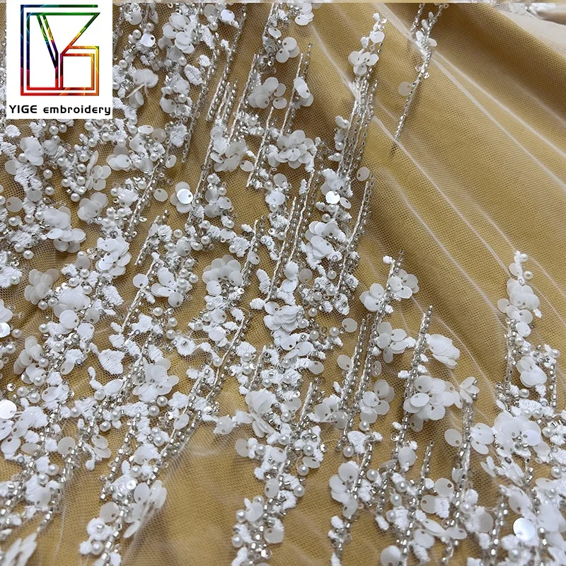 beaded lace fabric for wedding dresses Exquisite Beaded Floral Bridal Lace Fabric for Wholesale