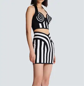 ADYABY Women's Black White Striped Bodycon Knit Mini Skirt Fashion Dresses Custom Clothing Brand