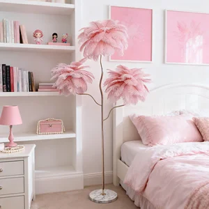 JACKSUN Luxury Real Ostrich Feather Pink Romantic Led Floor Lamps Home Hotel Decor Floor Light Marble Base Height 70.86 Inch