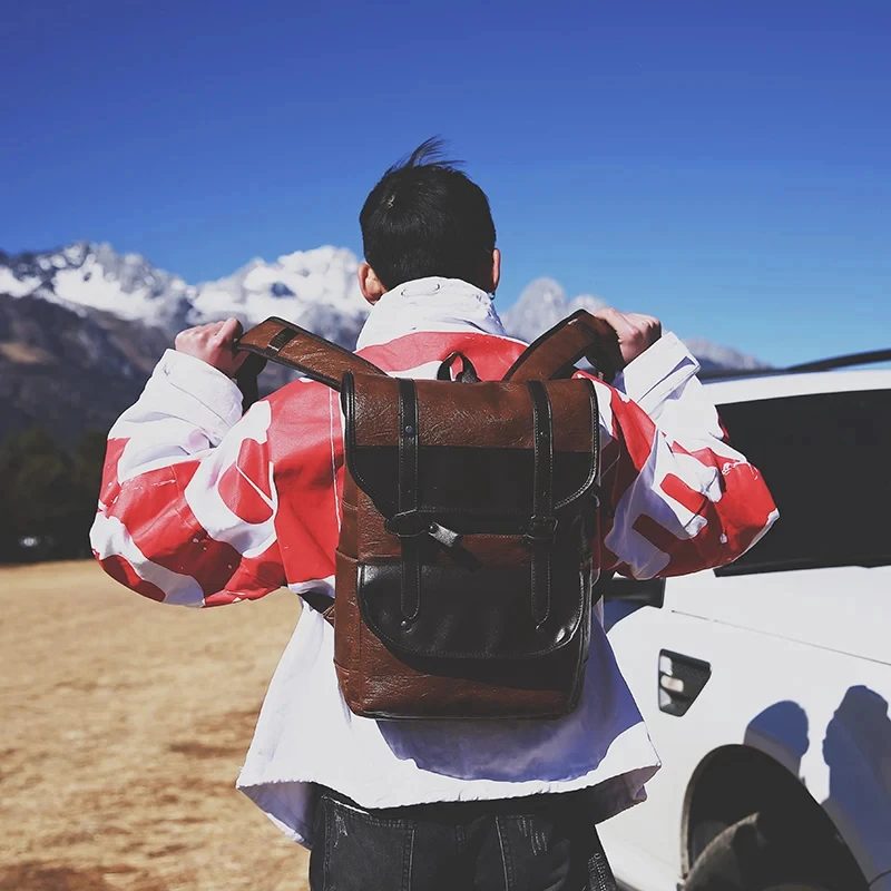 16.5-Inch Fashion PU Leather Laptop Backpack Men Retro Schoolbag Large Capacity Books Waterproof Mochilas Patchwork Teenagers
