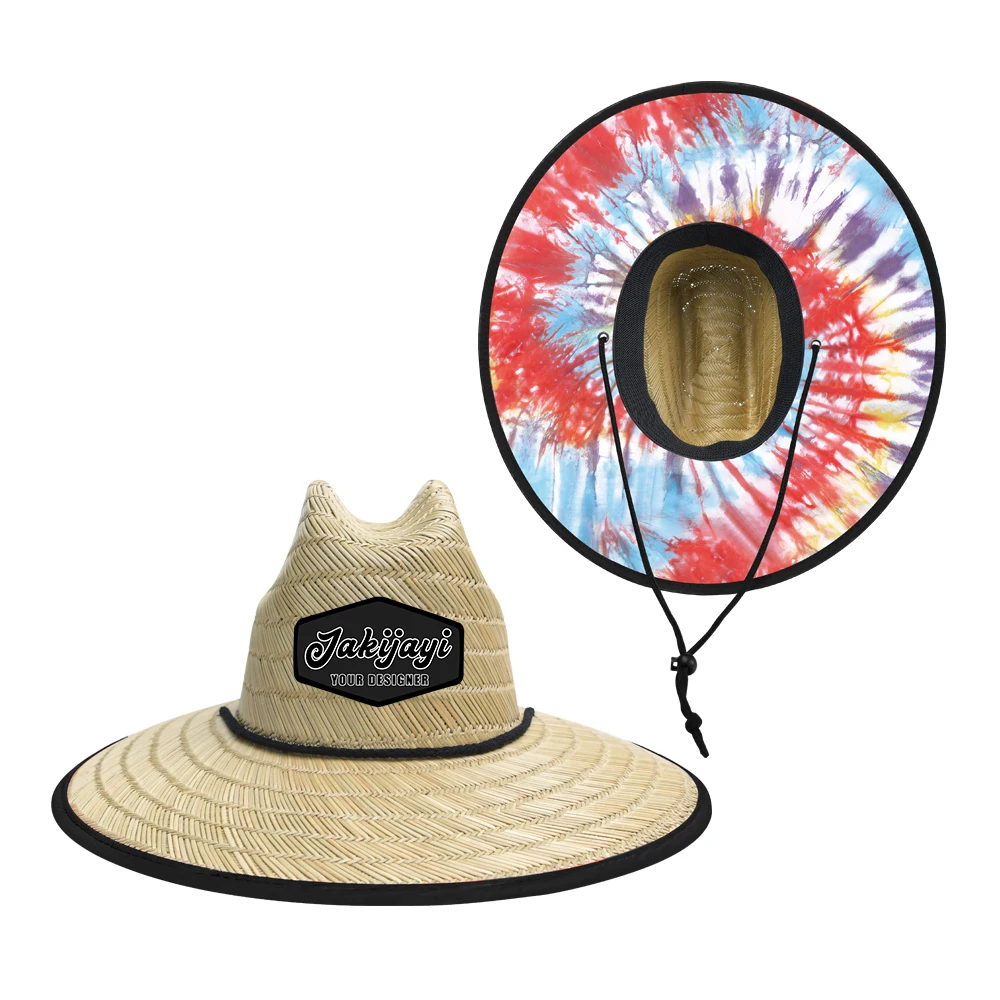 Custom Patch logo Oversized Sombrero Men Surf Beach Hat Women Summer Beach  Ladies Dye Brown Natural Grass Lifeguard Straw Hat