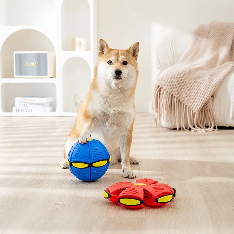 Hipidog Blue Red 16cm Deformable Interactive Durable Rubber Chew Eco Friendly Flying Saucer Pet Ball With Hole for Pets Dog