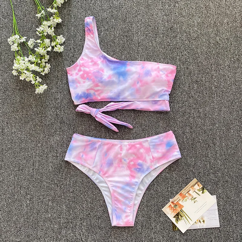 2022 STOCK 8Colors XXL Swimwear One Shoulder Ties Sexi Woman High Waist Plus Size Bikini Swimsuit