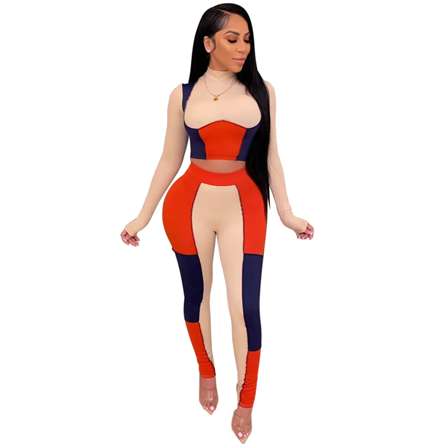 Hot New Products Color Block Crop Wholesale Womens Sweat Suits 2021