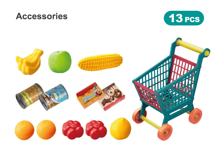 13pcs Shopping Cart Toys Kids Grocery Kitchen Pretend Play Food Accessories For Children Girls