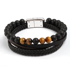 Men's Braided Leather Bracelet with Stainless Steel Clasp Tiger Eye Beads & Matt Box Onyx Adjustable Bracelet for Men