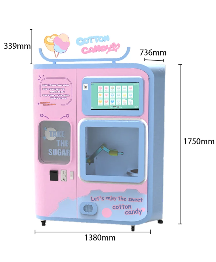 Komersyal na cotton candy floss machine robot arm sugar paggawa ng kalakalan ganap na awtomatikong cotton candy vending machine