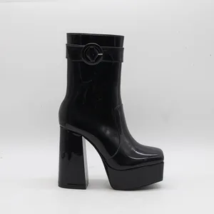 BUSY GIRL HQ1104 Women's Ankle Boots Black Platform Block Heel Ankle Boots Women Shoes Winter Warm Anti-slip with Buckle Decor