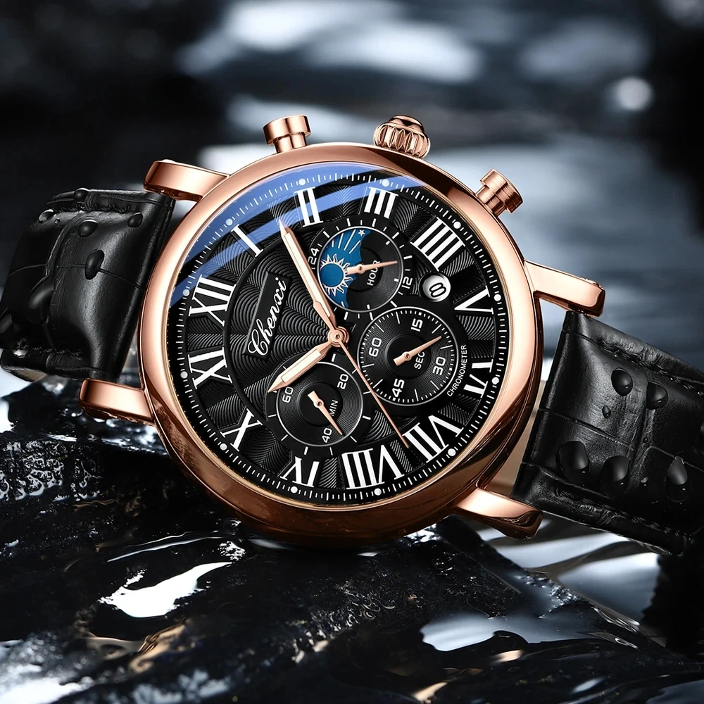 ジャンク Cellini クォーツ 腕時計 詳細不明 CHENXI 973 Men's Chronograph Watch - Luxury Rose Gold Leather