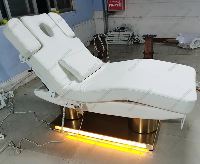 White Leather Gold Round Base Beauty Salon Eyelash Bed 3/4 Motors Electric Spa Equipment Massage