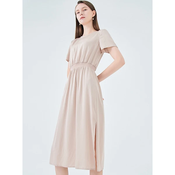 Изготовленный на заказ; Летние футболки «French разрез шелковое платье миди с короткими рукавами вневременной Элегантная Леди Стиль тонкий вид О-образным вырезом