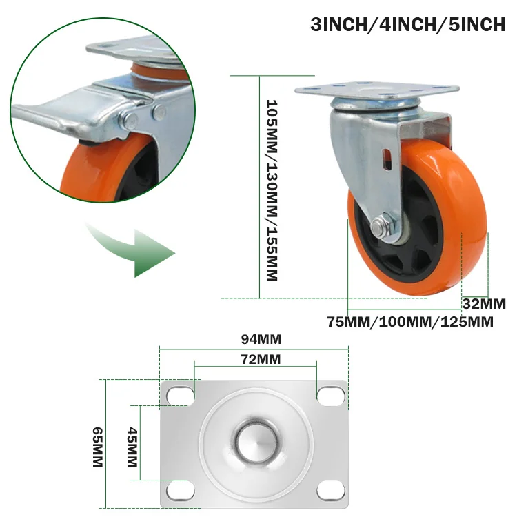 3/4/5 inch industrial medium duty 75mm castor pvc orange swivel heavy duty caster rotating wheels details