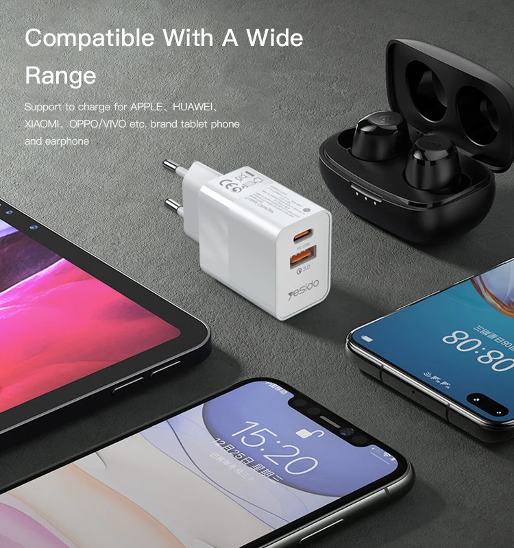 YC32 YESIDO Dual Port Multifunction Portable Wall USB and PD Type-C Max 20W Charger & Adapter
