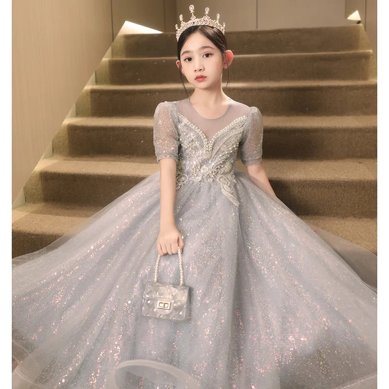 Silver Fluffy Dresses For Kids Baby Clothes Sequin Embroidery