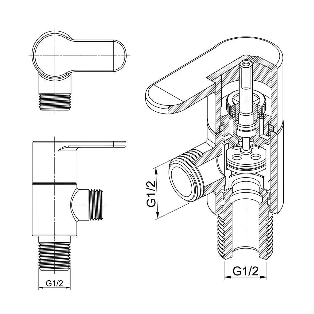 Standard G1/2 thread connection detail Detailed view of G1/2 universal diverter threading