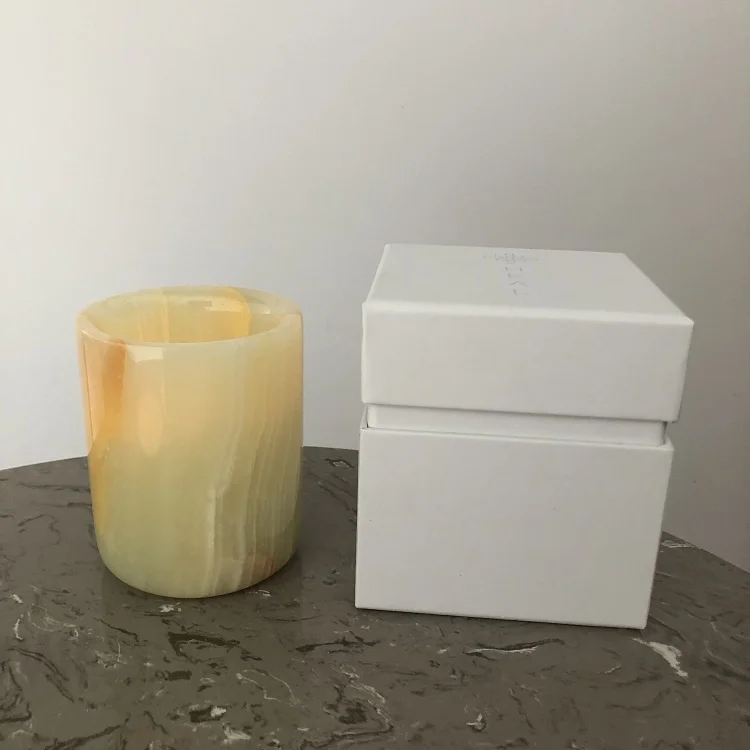 Luxury White Onyx Candle Holders With Lid Marble Stone Onyx Candle Jar