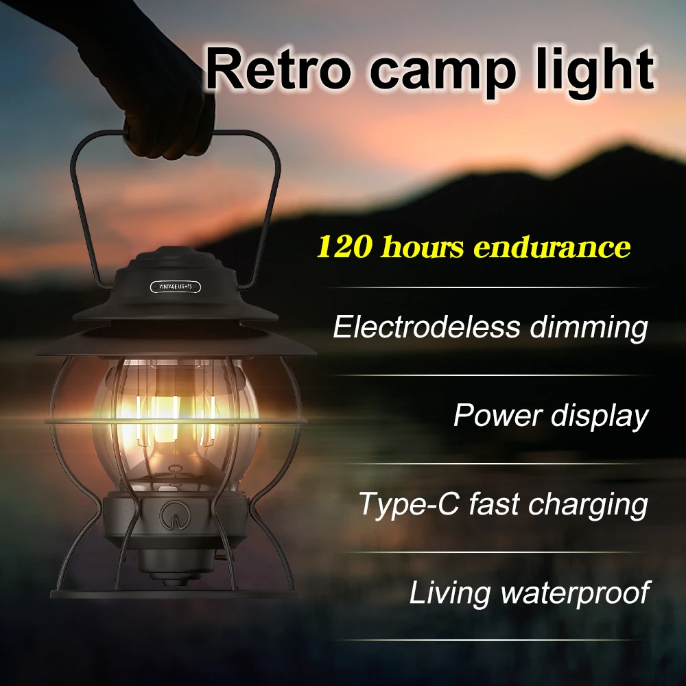 PINSAI LED Camping Lantern,Rechargeable Retro Metal Camp Light,Battery  Powered Hanging Vintage Lamp ,Portable Waterpoor Outdoor Tent Bulb,  Emergency