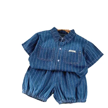 2024 summer baby boys clothing sets casual childrens clothing vertical striped denim shirt and shorts two-piece baby suits