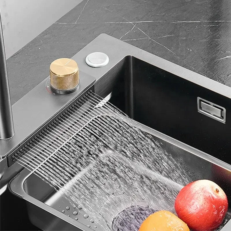 Modern Black 304 Stainless Steel Square Brushed Kitchen Sink Faucet Multifunction Waterfall Rainfall Single Bowl Set