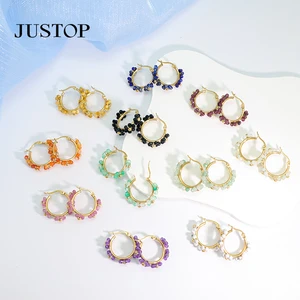 Custom Designer Luxury Statement Hand Made Boho Wire Wrapped Gemstone Crystal Bead  Hoop Earrings Women Jewelry