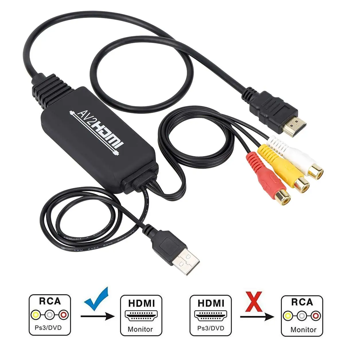 RCA CVBS AV to HDMI Male to Male Cable 6ft 1.8m HD 1080P for PC Laptop Projector HDTV