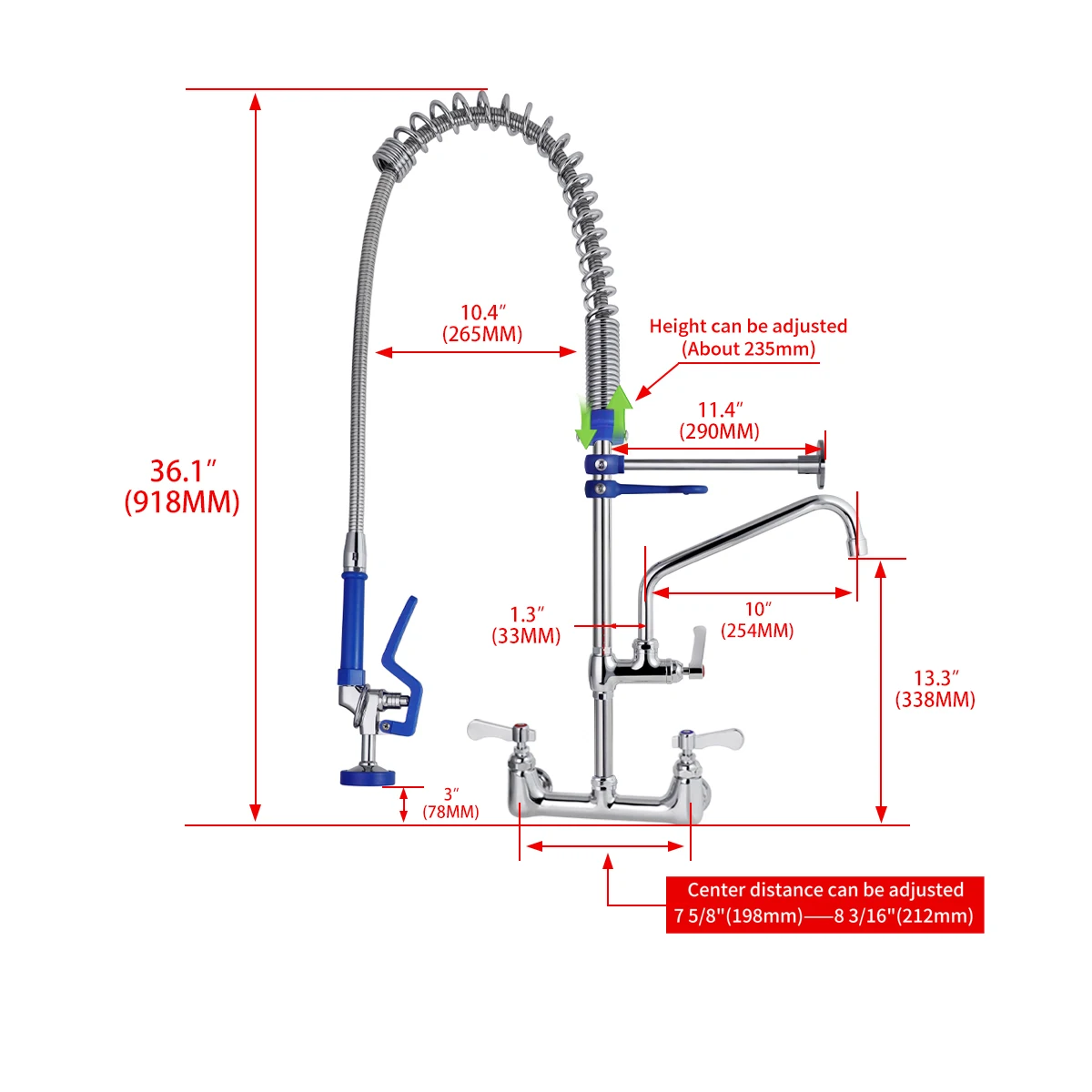 38\" Commercial Kitchen Faucet Three Handle Wall Mounted 360 Degree Rotation Hot Cold Mixer Hand Spray Flexible 2 Holes factory