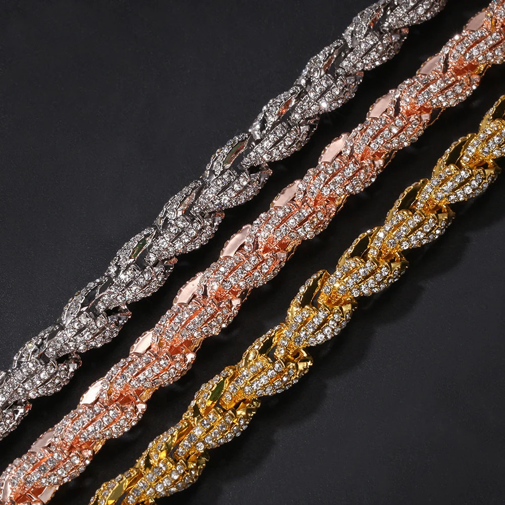 Collar de cadena de cuerda trenzada plata 925 con diamantes_voghion.com