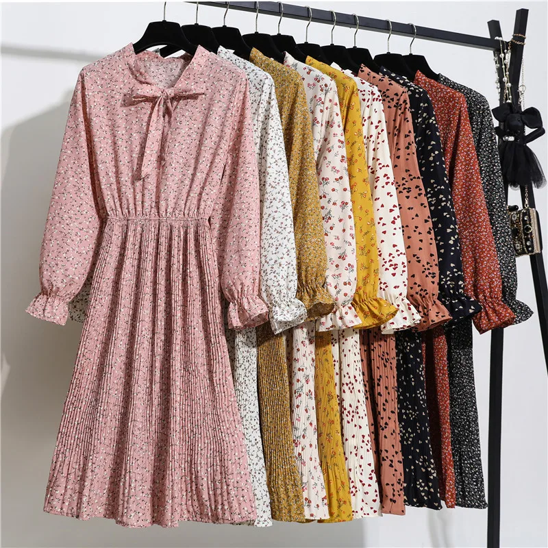 2022 Women Elegant Casual Floral Print Autumn Pleated Dress Vintage Bow  Collar Long Sleeve Chiffon Shirt Dress - Buy Women Dress,Chiffon Shirt Dress,Floral  Print Dress Product on Alibaba.com