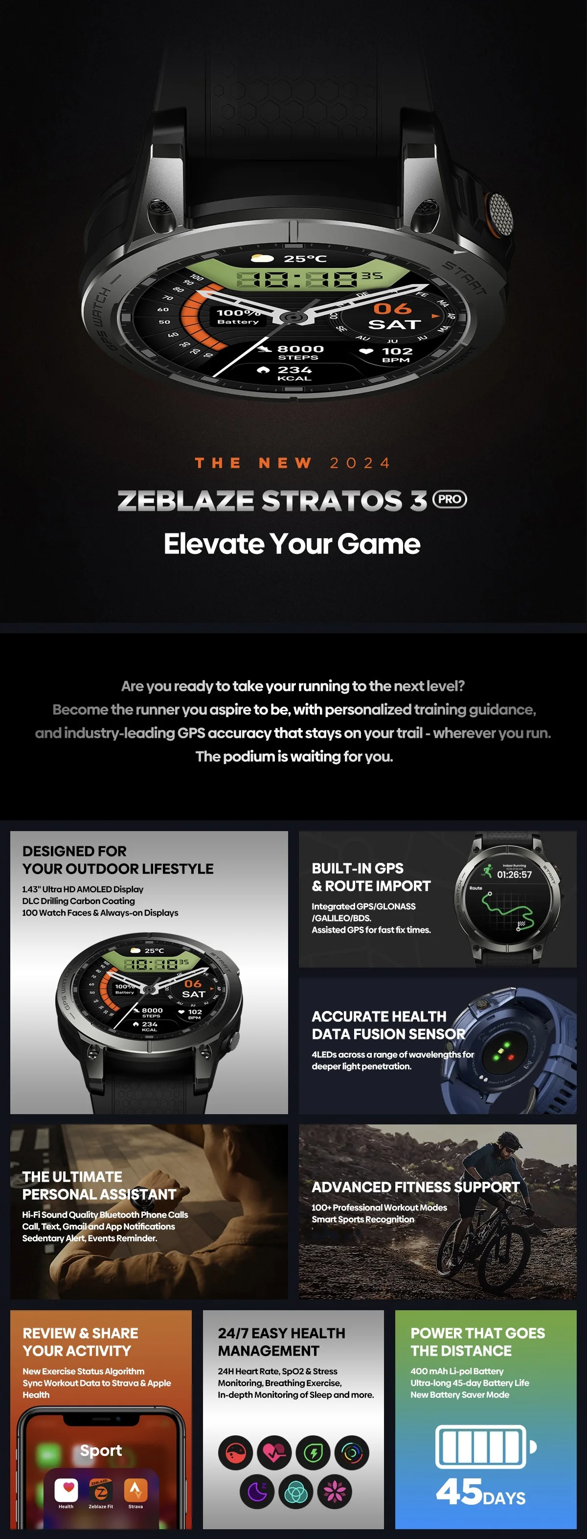 Смарт-часы Zeblaze Stratos 3 Pro с GPS, 1,43 дюймов, экран amooled,  водонепроницаемые наружные голосовые звонки, всегда на дисплее, умные часы|  Alibaba.com