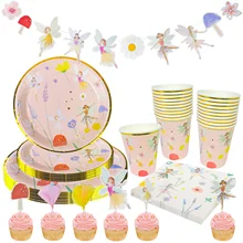 Nicro Flower Fairy Theme Happy Birthday Party Decoration Girl Party Supplies Balloon Disposable Titanium Paper Cup Set