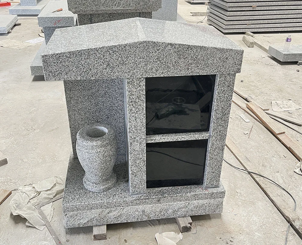 2 Niche Gray Granite Columbarium with Black Door  and Vase 1 Year Warranty Tombstones and Monuments