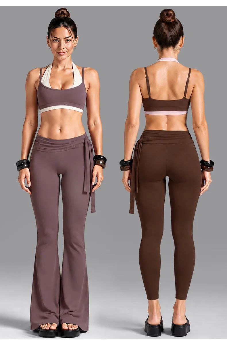Quick Dry Yoga Set Color Block Halter Double Layer Sports Bra Self Tie Waist Flare Pants 2 Piece Fitness Outfit — detail