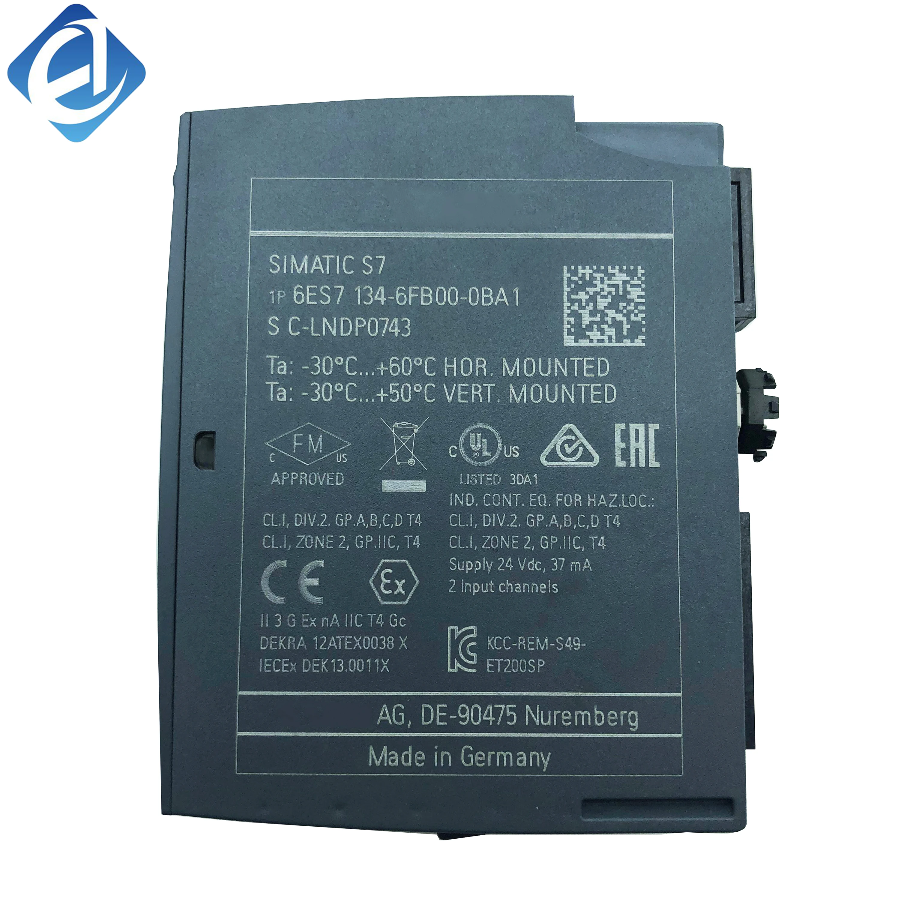 New Original 6ES7 134-6FB00-0BA1 6ES7134-6FB00-0BA1 SIMATIC ET 200SP analog input module. Designed for industrial signal measurement, supports 2 AI channels, high precision, wide voltage input,