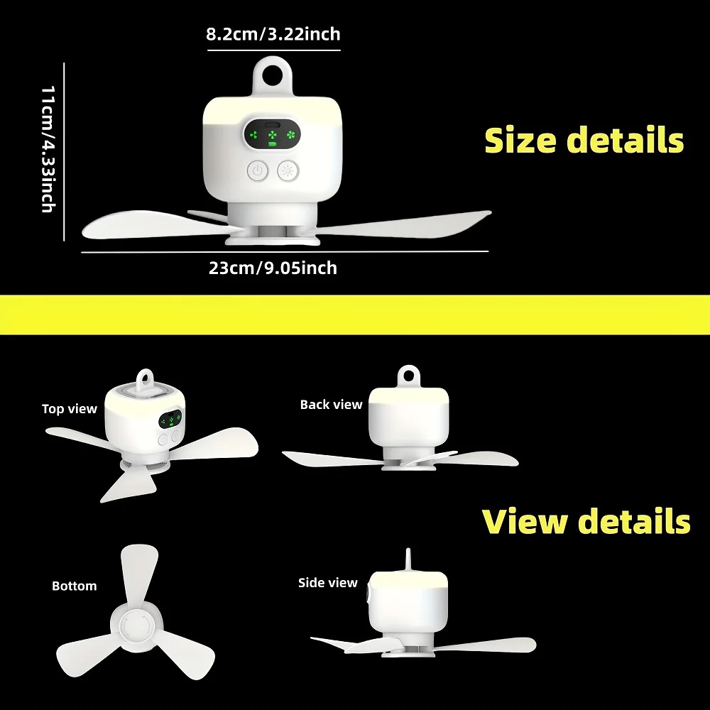 Portable 8000mAh Rechargeable Ceiling Fan – Hangable Canopy Fan With Remote, 3 Speeds, Night Light, For Camping & Indoor Use