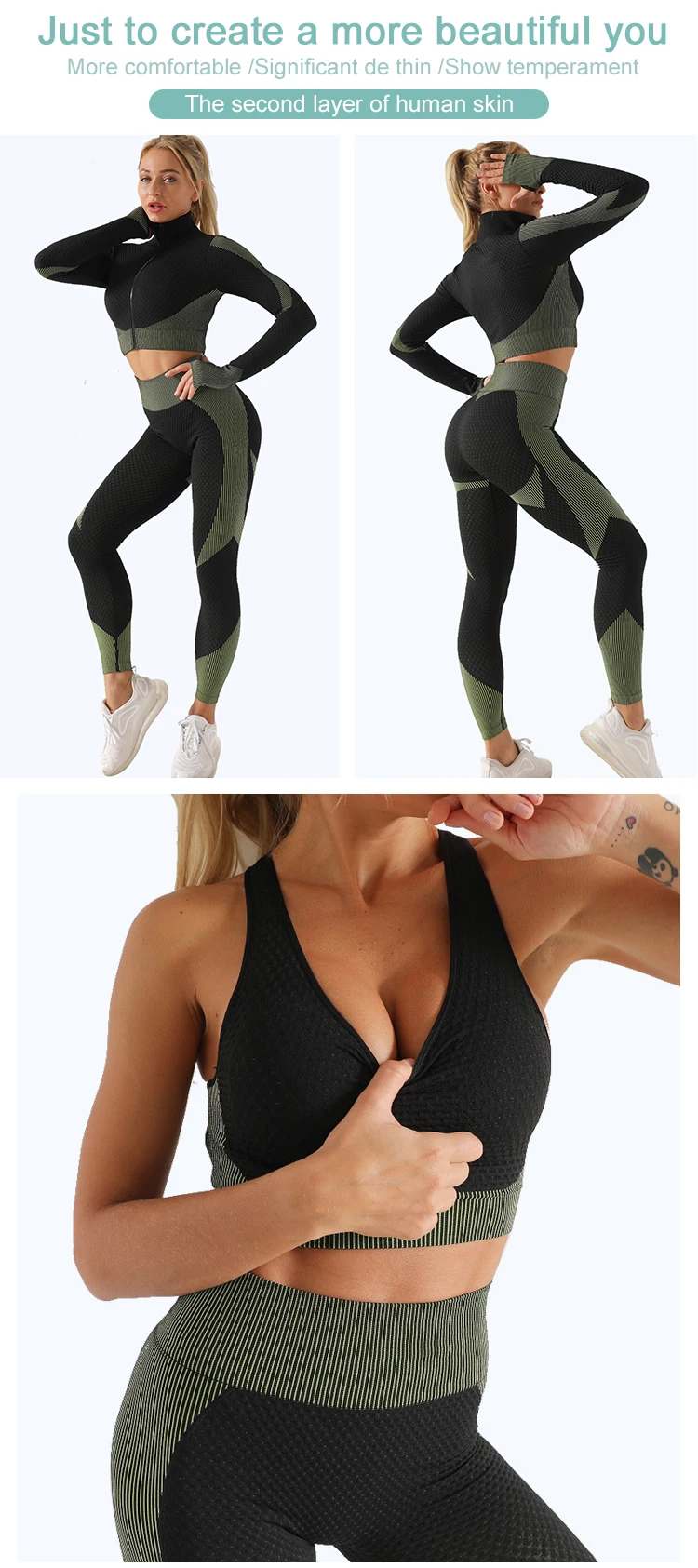 Shaxue Gym 3pcs Sports Yoga Suit For Women Fitness Seamless Yoga Set With Zipper Yoga Long