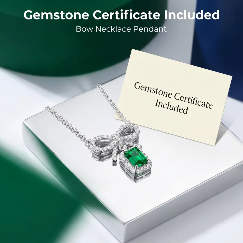 925 Sterling Silver Emerald Cut Bow Pendant Necklace with Claw Setting Diamond Accent for Women-Engagement Wedding & Party Gift